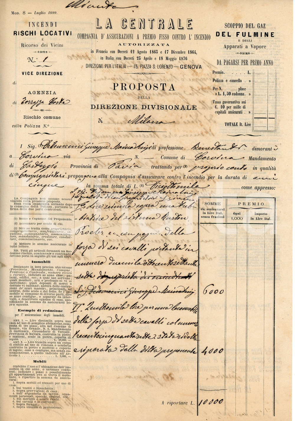 1881 TORRAZZA COSTE Ass. LA CENTRALE Preventivo assicurazione trebbiatrice Preventivo d'epoca.  CONDIZIONI:FAIR/discreto Piegature d'epoca, bruniture diffuse, gualcitureFORMATO: 18x27 cm originale e autentica 1