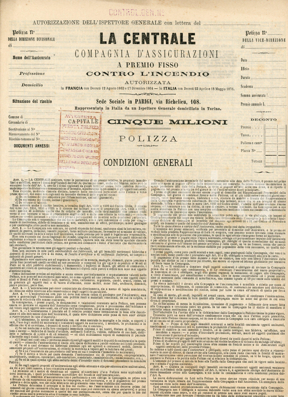 1880 ca ASSICURAZIONI LA CENTRALE Polizza non compilata - 22x32 cm (1) Documento d'epoca. PAGINE: 4CONDIZIONI:FAIR/discreto Lievi gualciture, piegatura centrale d'epoca, brunitureFORMATO: 22x32 cm originale e autentica 1