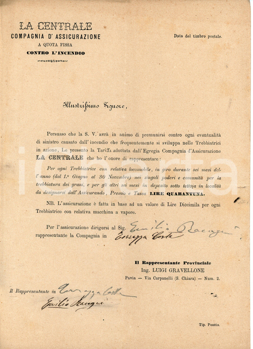 1880 ca TORRAZZA COSTE Ass. LA CENTRALE Anti incendio per trebbiatrici - Lettera Lettera commerciale d'epoca. PAGINE: 4CONDIZIONI:FAIR/discreto Lievi gualciture, piegatura centrale d'epoca, brunitureFORMATO: 21x31 cm originale e autentica 1