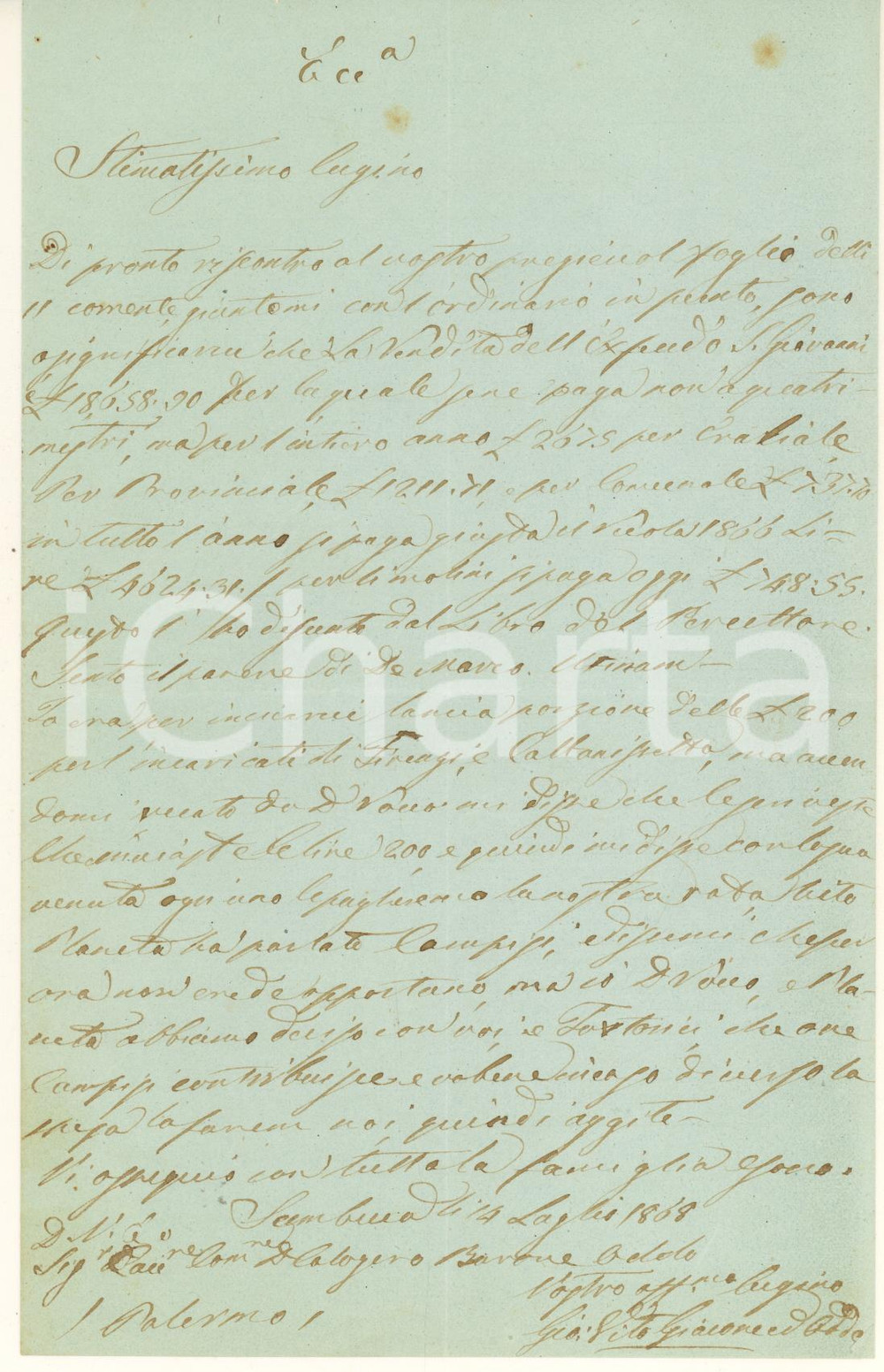 Manoscritto, lettera originale 1868 SAMBUCA AG Lettera Giovan Vito GIACONE barone ODDO per vendita ex feudo 1