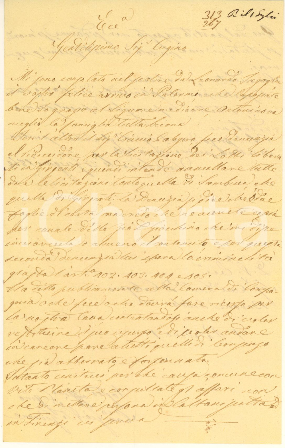 Manoscritto, lettera originale 1868 SAMBUCA AG Lettera Giovan Vito GIACONE barone ODDO  Causa per una cava 1