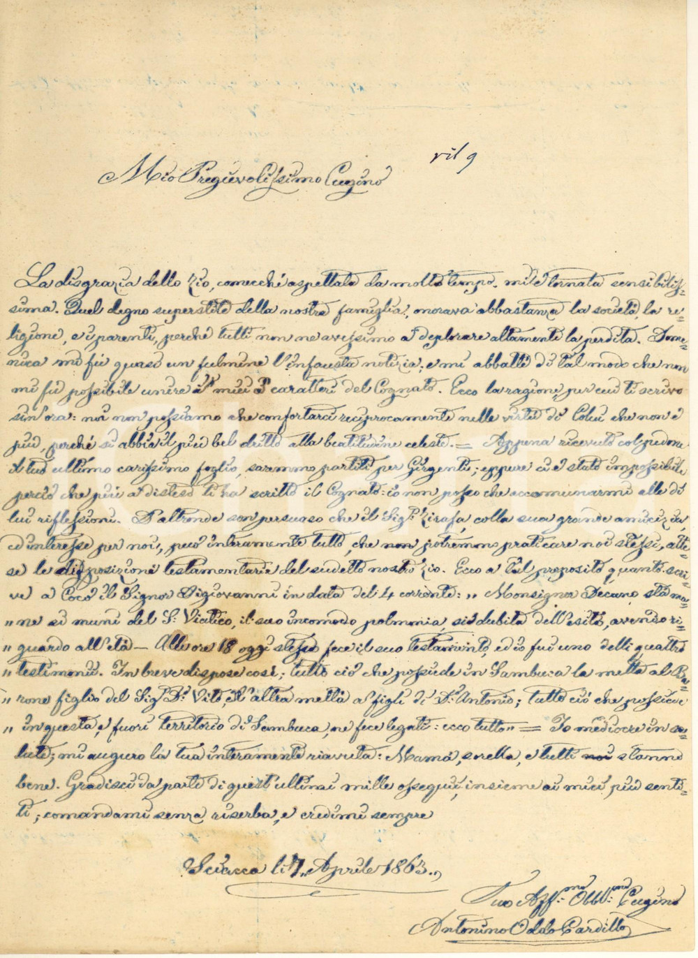 Manoscritto, lettera originale 1863 SCIACCA AG Barone Antonino ODDO CARDILLO  Morte e testamento di uno zio 1