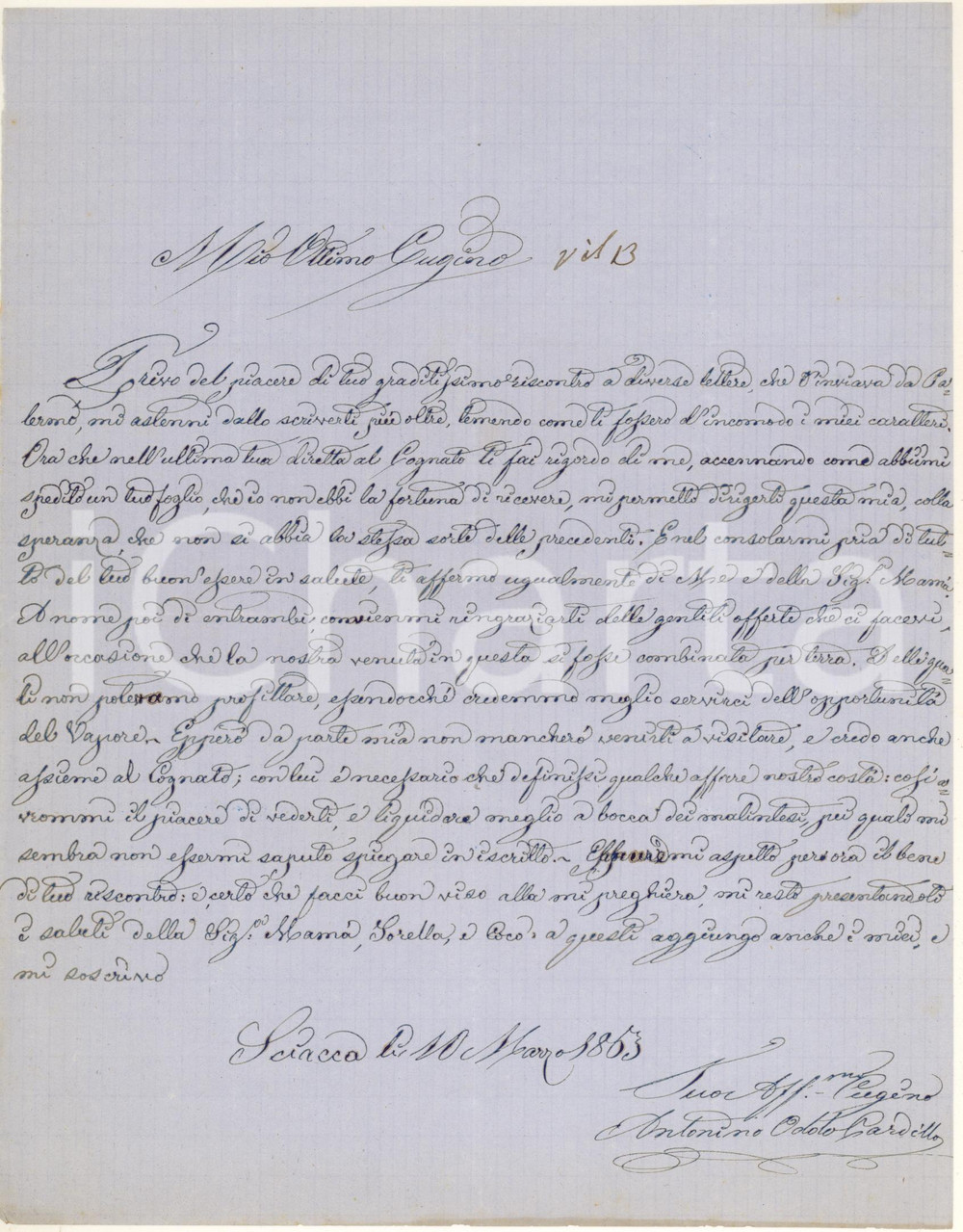 Manoscritto, lettera originale 1863 SCIACCA AG Barone Antonino ODDO CARDILLO promette una visita d affari 1