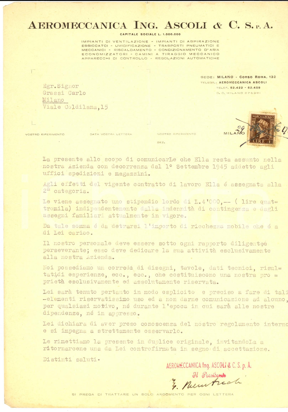 Documento originale, autentico 1945 MILANO Aeromeccanica ing. ASCOLI Assunzione Carlo GRASSI magazziniere 1