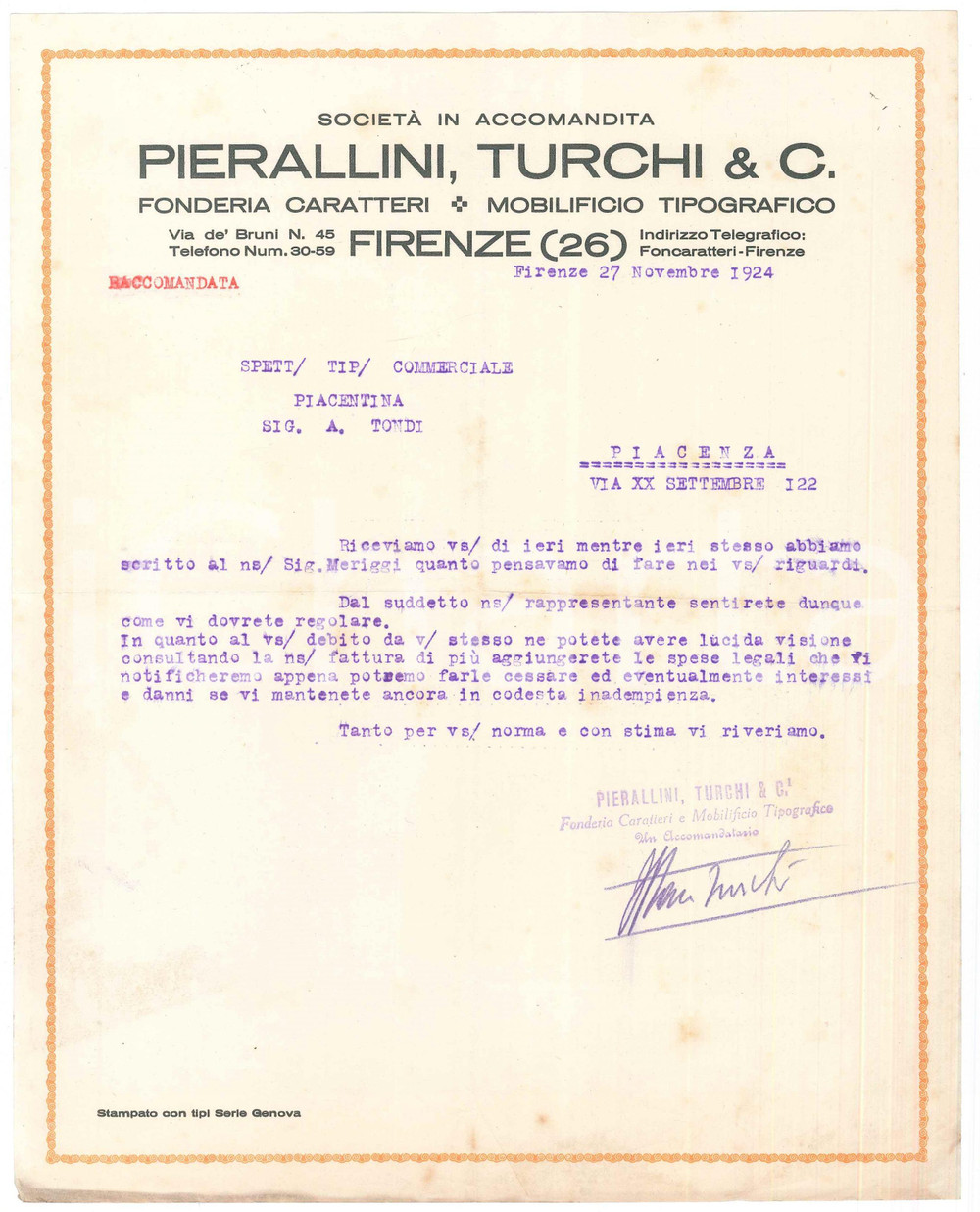 Documento originale, autentico 1924 FIRENZE Società PIERALLINI, TURCHI & C. Fonderia caratteri Lettera 1
