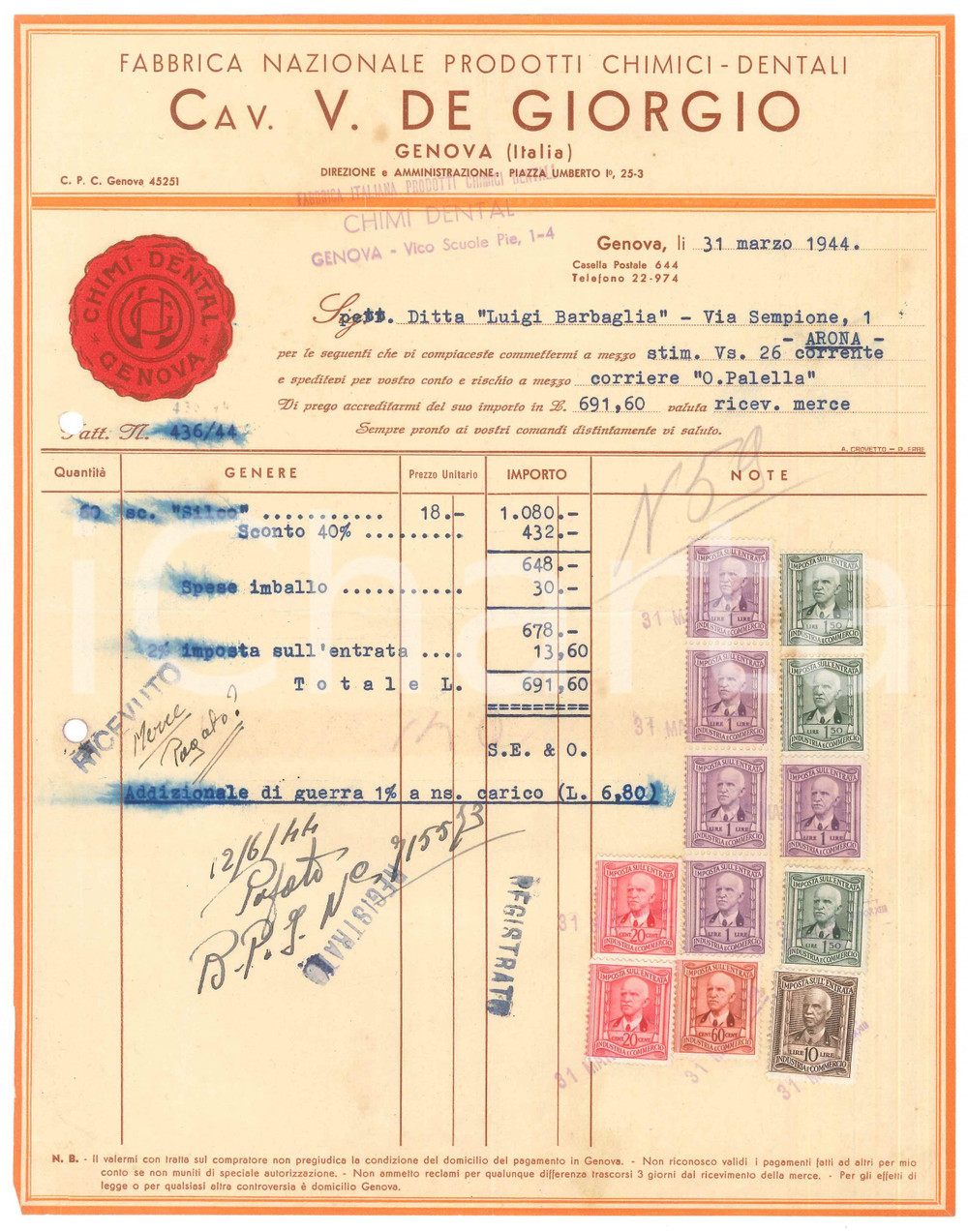 Documento originale, autentico 1944 GENOVA Piazza Umberto I  CAV. V. DE GIORGIO Prodotti dentali Fattura 1