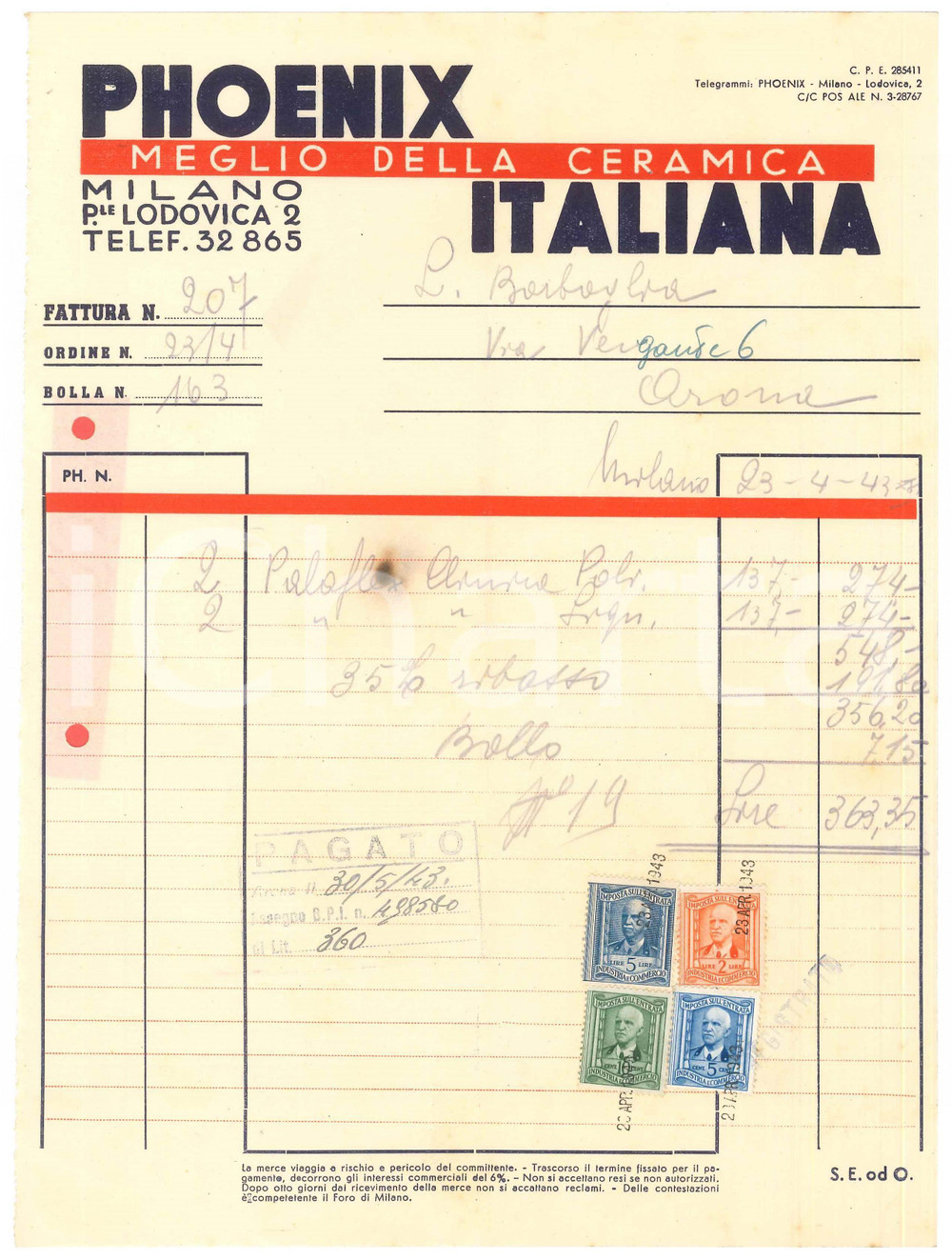 Documento originale, autentico 1943 MILANO P.le Lodovica 2  PHOENIX ITALIANA Meglio della ceramica Fattura 1