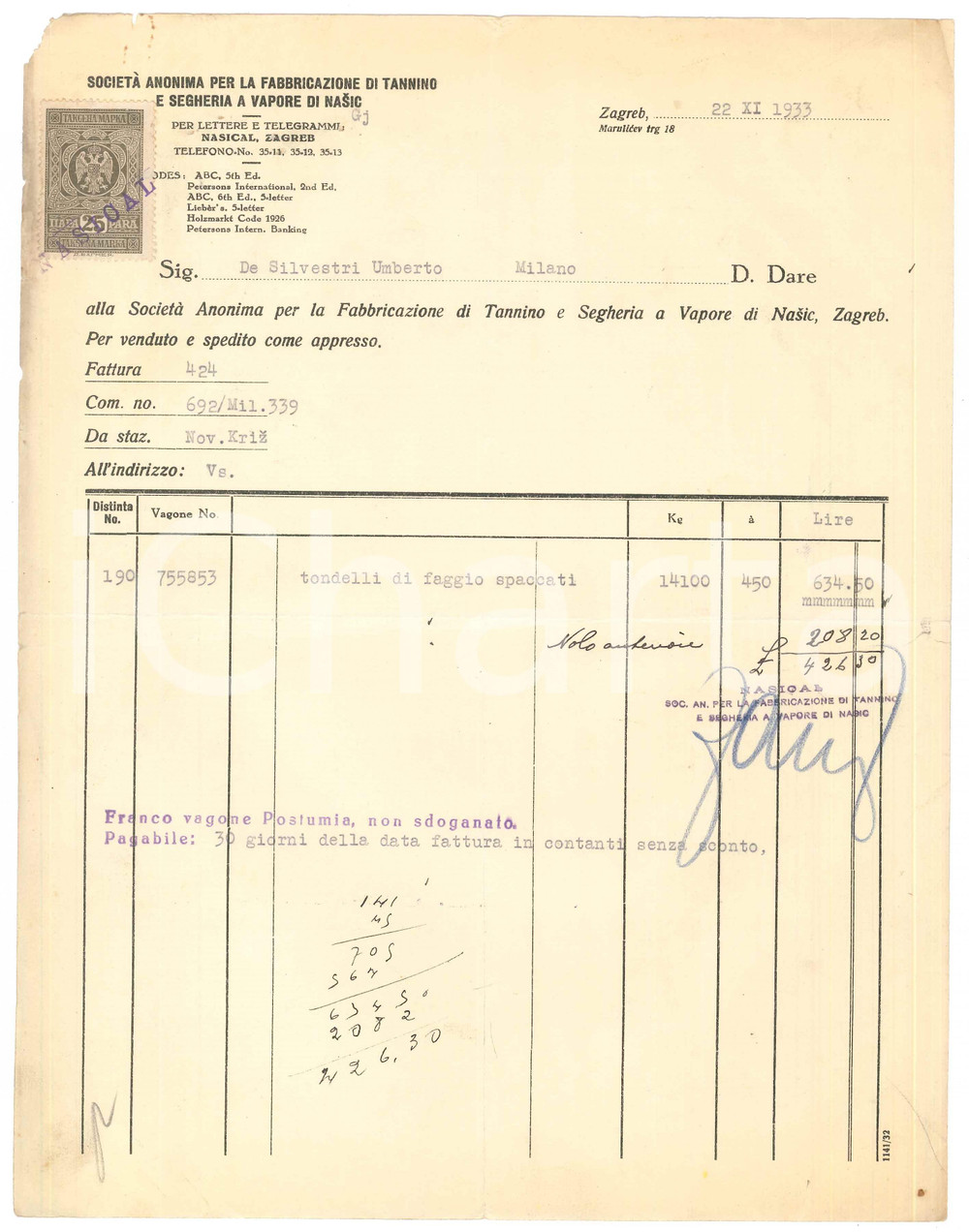 Documento originale, autentico 1933 ZAGREB Società Fabbricazione Tannino e Segheria a Vapore di NASIC Fattura 1