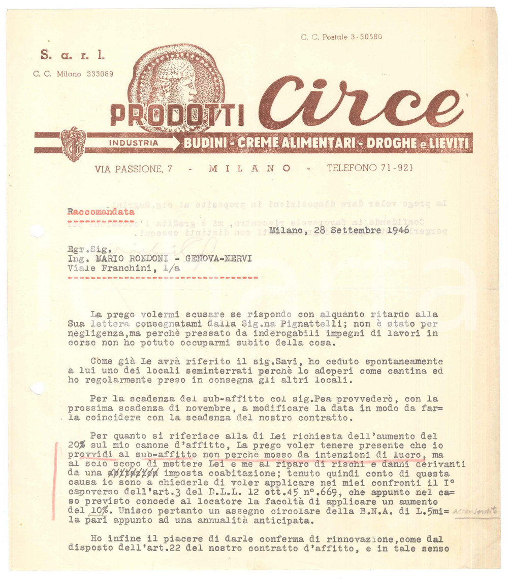 Documento originale, autentico 1946 MILANO via Passione  Prodotti CIRCE Budini e creme  Lettera 1