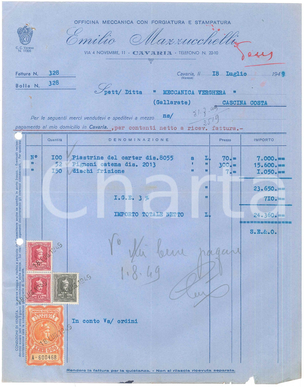 Documento originale, autentico 1949 CAVARIA VA Officina meccanica Emilio MAZZUCCHELLI Fattura pignoni 1
