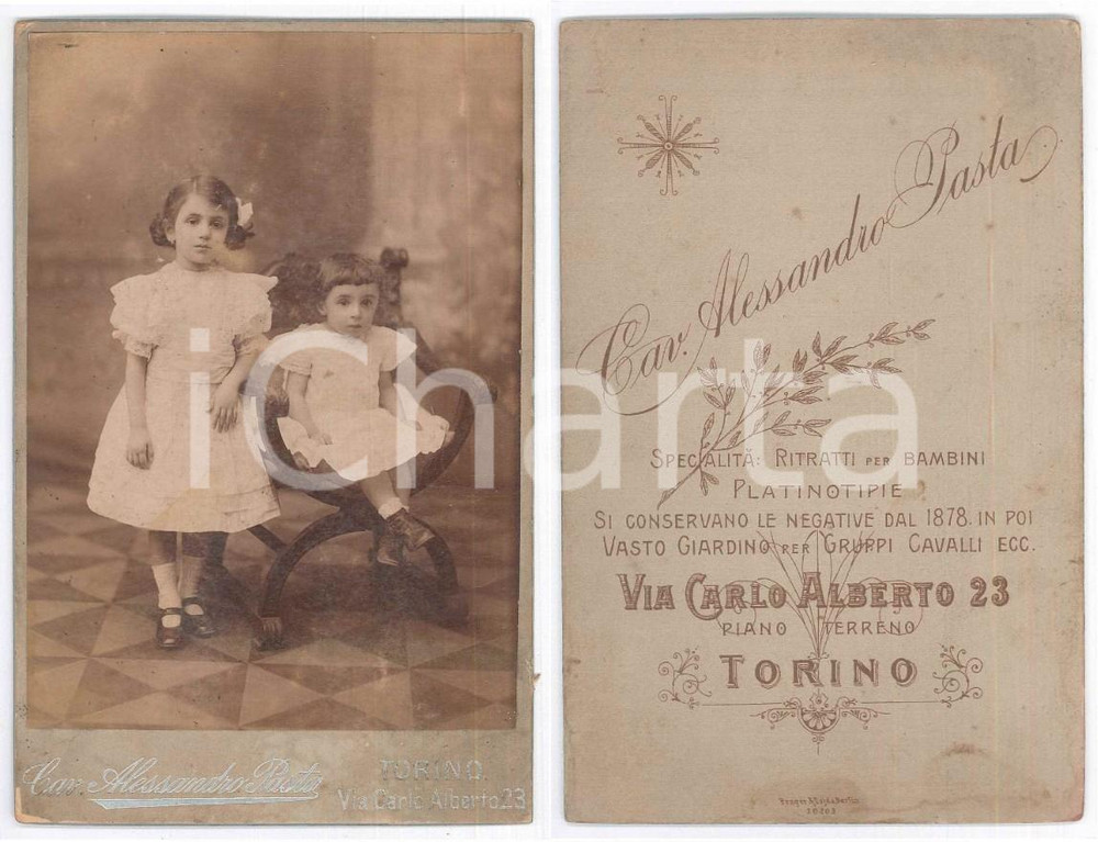 Fotografia d epoca originale 1890 ca TORINO Coppia di sorelle bambine  Ritratto Foto Alessandro PASTA 1