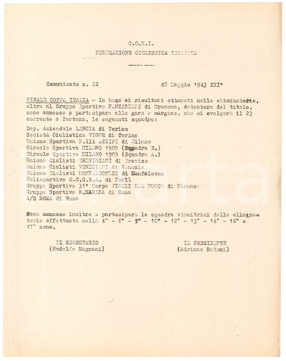 Documento originale, autentico 1943 CONI CICLISMO Ammissione alla finale di Coppa Italia Comunicato 1