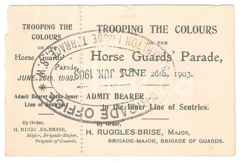 Oggetto da collezione cartaceo 1903 LONDON  TROOPING THE COLOURS Horse Guards parade  Ticket 9x6 cm 1
