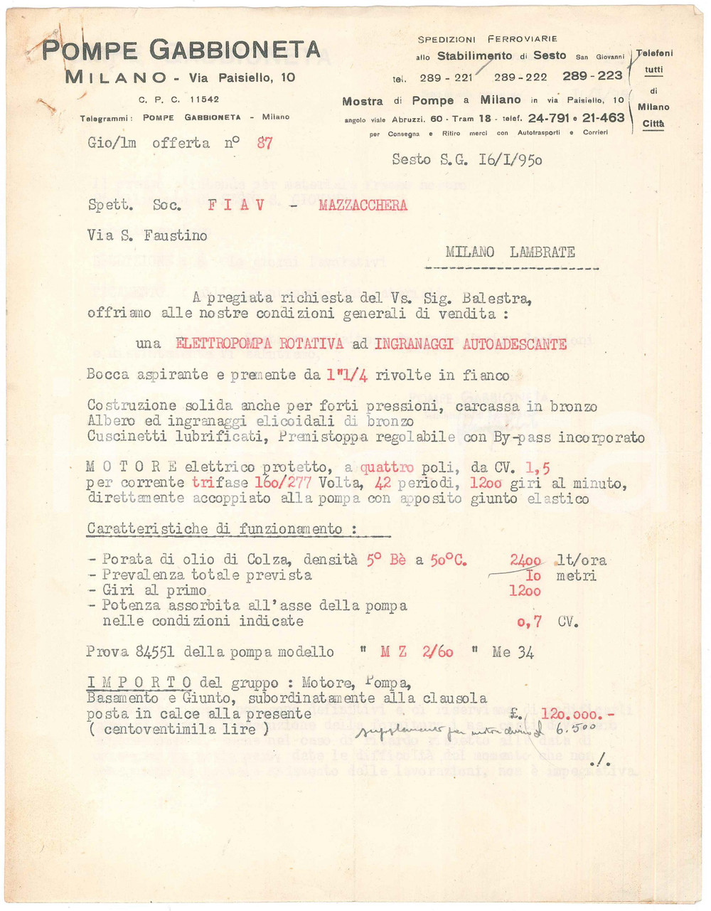 Documento originale, autentico 1950 MILANO Via Paisiello  POMPE GABBIONETA  Preventivo elettropompa rotativa 1