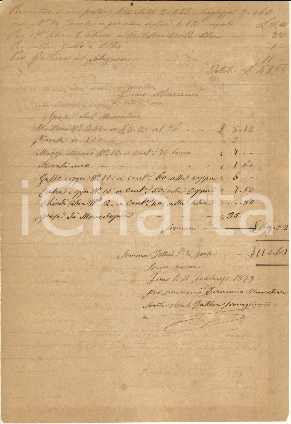 Documento originale, autentico 1877 FANO Preventivo per portone  Spese falegname e muratore Domenico SIMONCINI 1