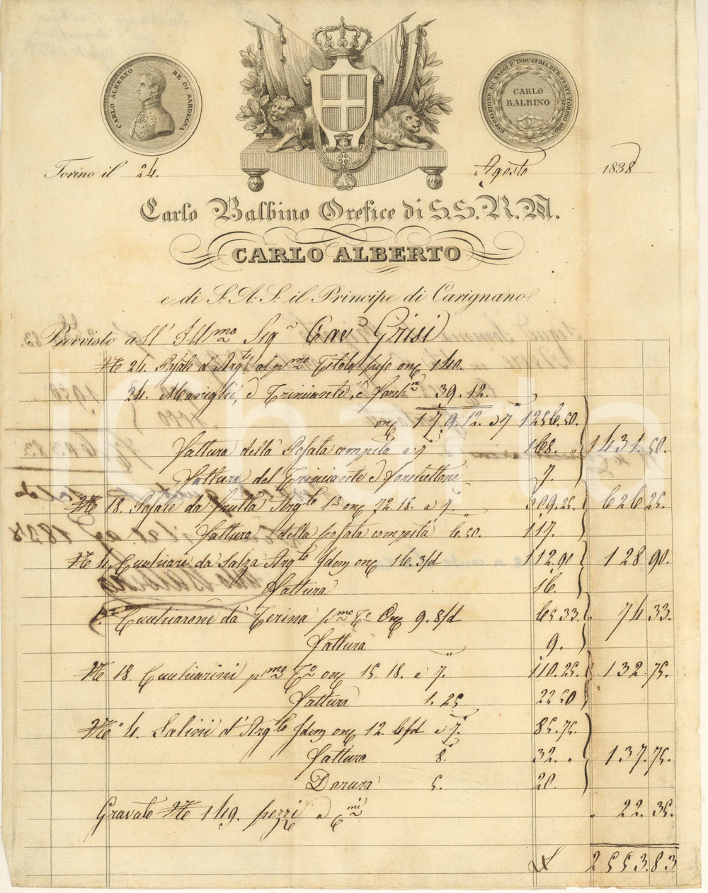 Documento originale, autentico 1838 TORINO Carlo BALBINO orefice re Carlo Alberto Fattura intestata argenteria 1