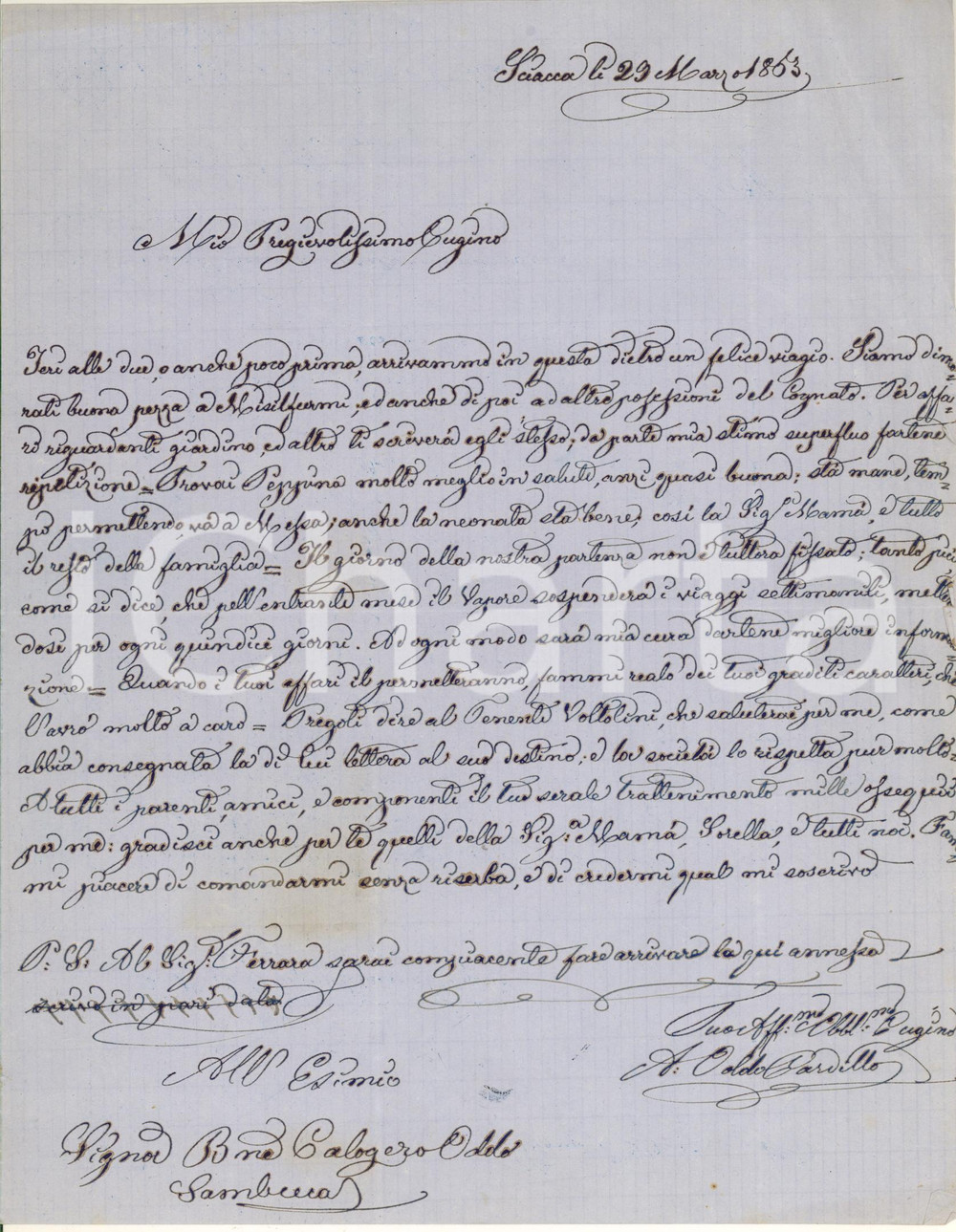 Manoscritto, lettera originale 1863 SCIACCA AG Barone Antonino ODDO CARDILLO  Notizie di famiglia Lettera 1