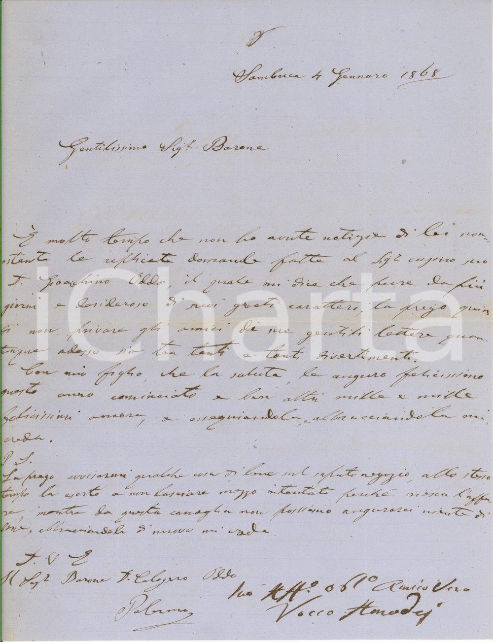 Manoscritto, lettera originale 1868 SAMBUCA AG Lettera don Rocco AMODEI a un amico barone assente 1
