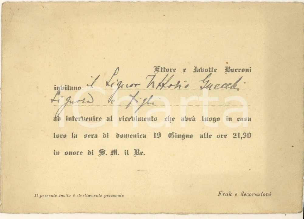 1910 ca MILANO Ricevimento Ettore e Javotte BOCCONI in onore del Re *Invito Invito originale d'epoca. CONDIZIONI:FAIR/discreto bruniture marginaliFORMATO: 17x12 cm originale e autentica 1