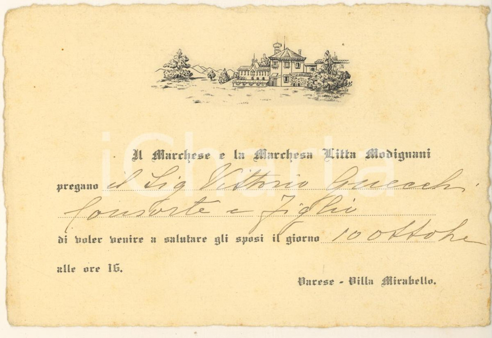 1910 ca VARESE Villa MIRABELLO - Invito marchesi LITTA MODIGLIANI per nozze Invito originale d'epoca, su cartoncino, relativo a un ricevimento di nozze. CONDIZIONI:GOOD/buono minime fioritureFORMATO: 15x10 cm originale e autentica 1