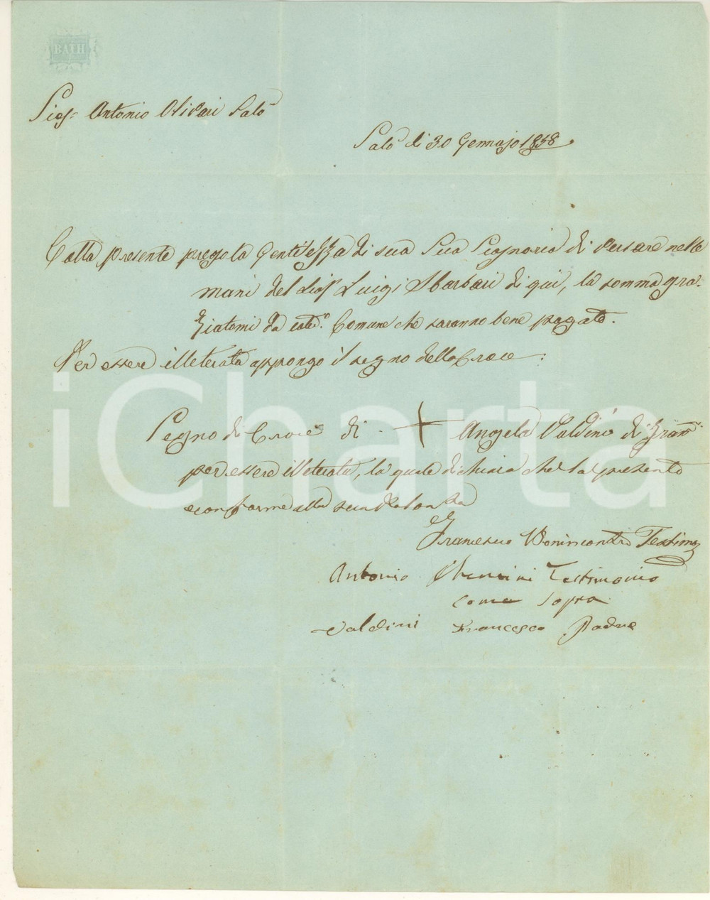 1858 SALO' (BS) Ricevuta Angela VALDINI illetterata pro Luigi Sbarbari Lettera prefilatelica, originale d'epoca, contenente l'attestazione di pagamento di una donna analfabeta. CONDIZIONI:GOOD/buono piegature d'epocaFORMATO: 20x25 cm originale e autentica 1