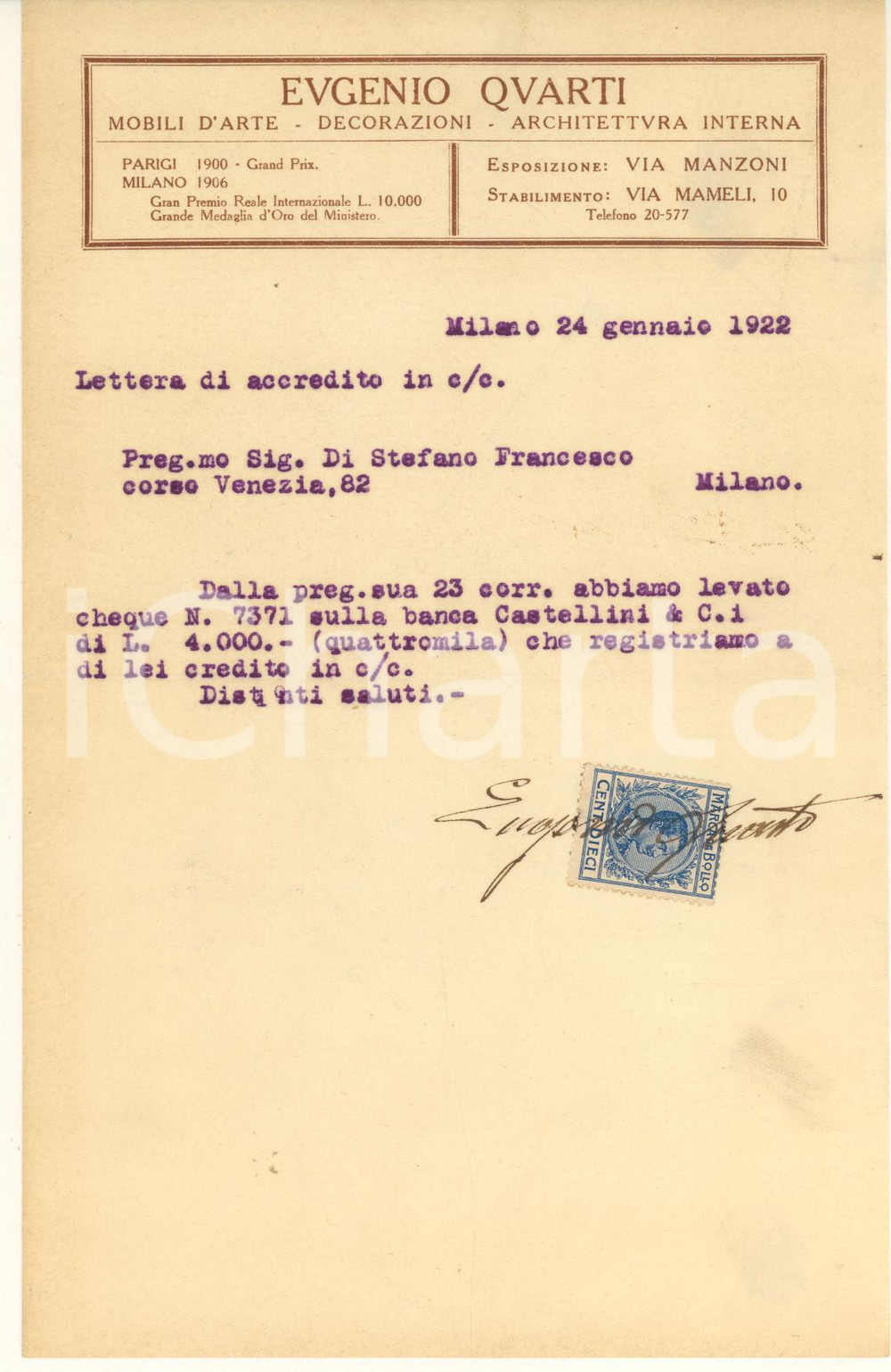 1922 MILANO Eugenio QUARTI mobili - Lettera di accredito con autografo Lettera di accredito originale d'epoca, su carta intestata, con firma autografa del titolare, il noto arredatore e mobiliere Eugenio Quarti. CONDIZIONI:FAIR/discreto piegatura centrale d'epocaFORMATO: 14x22 cm originale e autentica 1