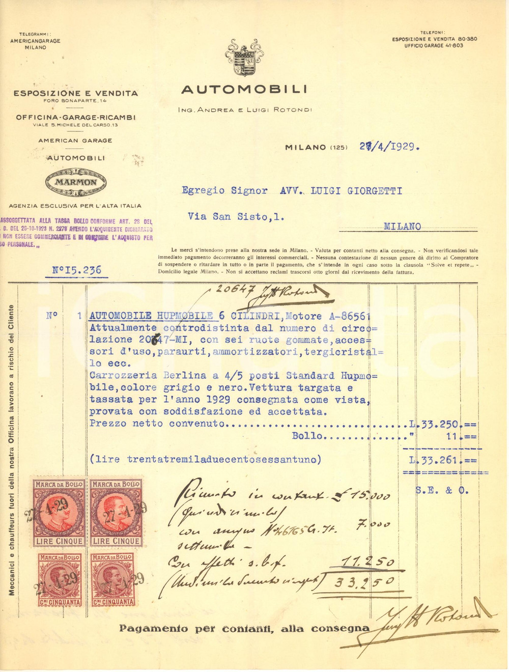 1929 MILANO - Automobili Ing. ROTONDI - Fattura per hupmobile con autografo Fattura originale d'epoca, su carta intestata, con firma autografa del titolare. CONDIZIONI:FAIR/discreto piegature d'epoca; piccoli fori da spillaturaFORMATO: 22x28 cm originale e autentica 1