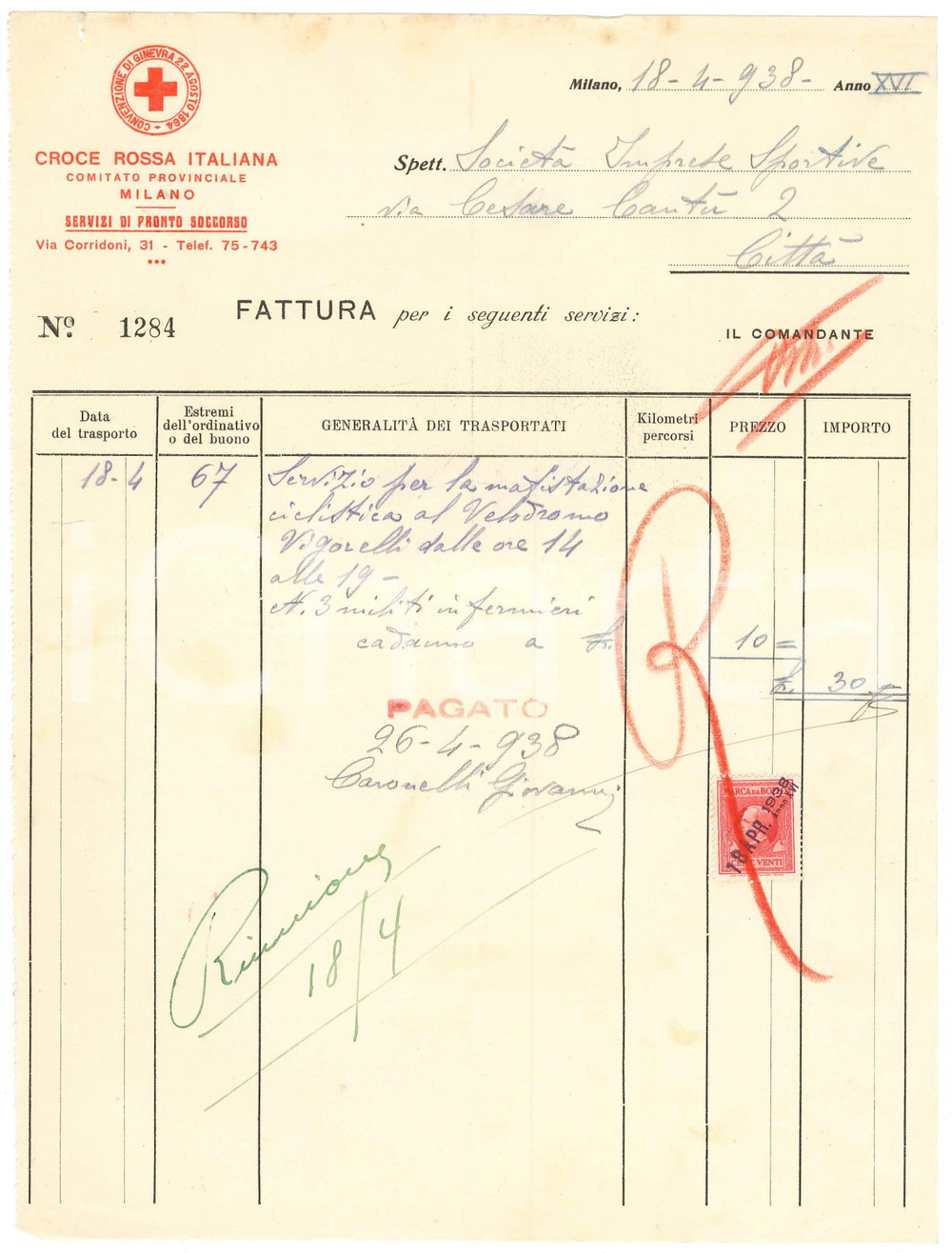 Documento originale, autentico 1938 MILANO CROCE ROSSA ITALIANA Fattura assistenza gara ciclismo Vigorelli 4 1