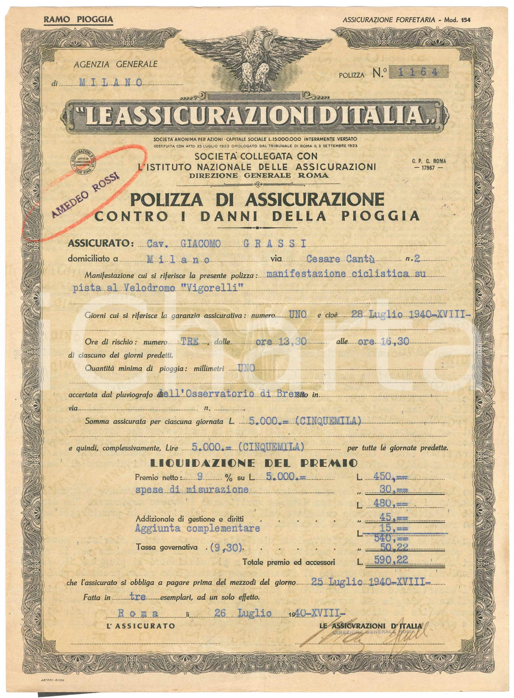 Documento originale, autentico 1940 ASSICURAZIONI D ITALIA Assicurazione pioggia  Gara CICLISMO Vigorelli 3 1