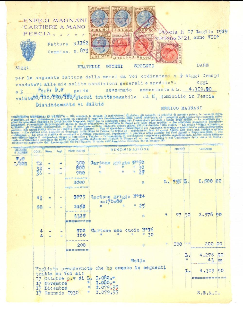 Documento originale, autentico 1929 PESCIA PT Enrico MAGNANI Cartiere a mano Fattura su carta intestata 1