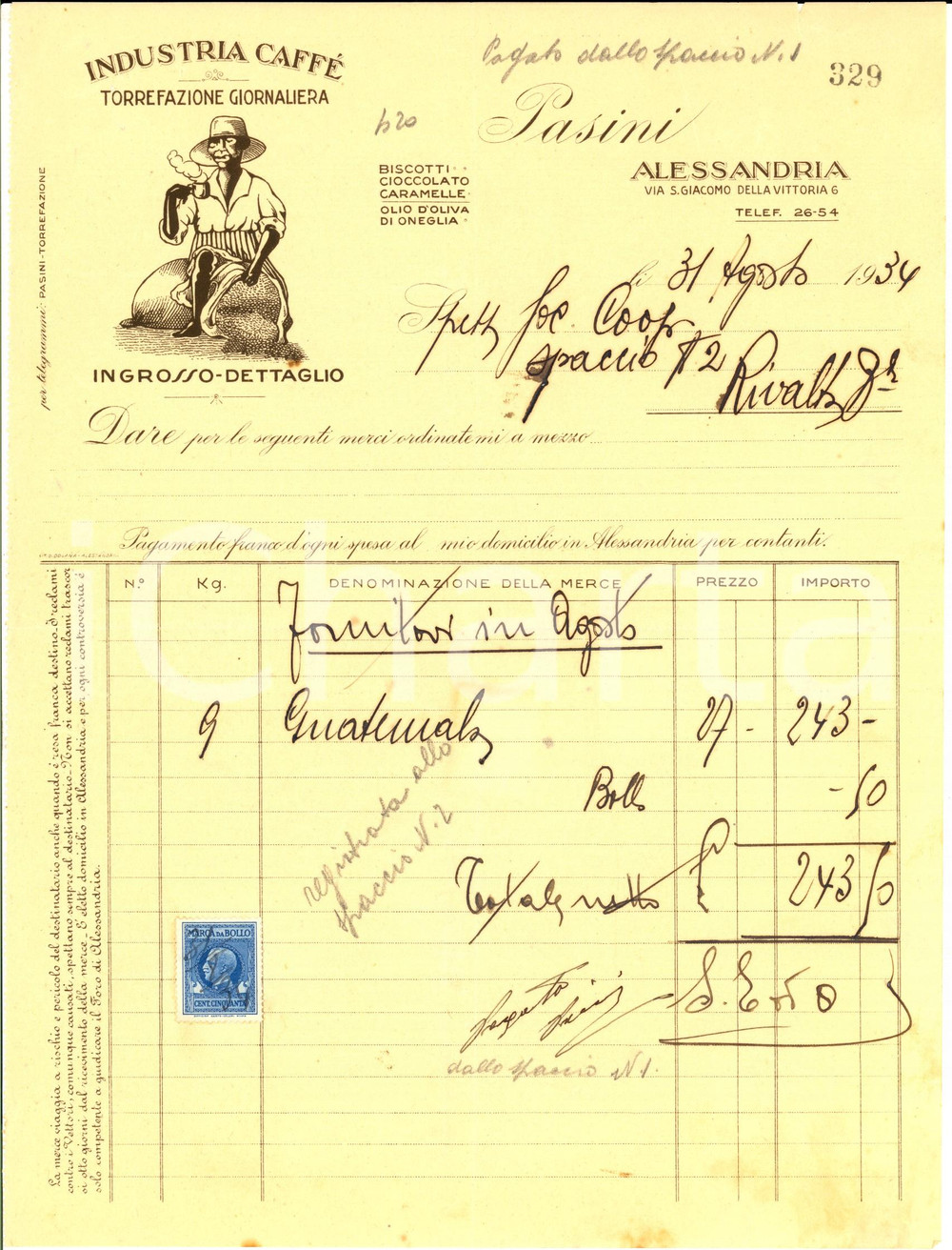 Materiale pubblicitario d’epoca 1934 ALESSANDRIA Industria caffè PASINI torrefazione Fattura con bolli 1