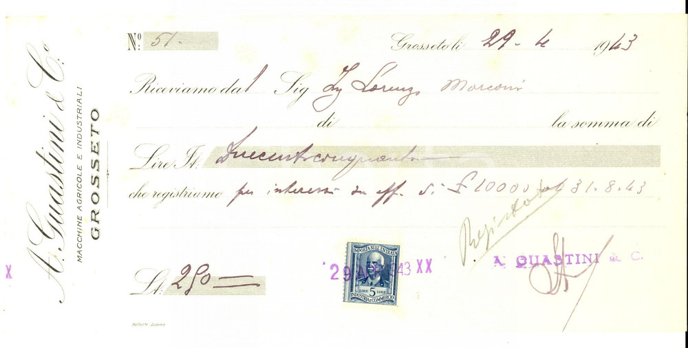 Documento originale, autentico 1943 GROSSETO Ditta A. GUASTINI & C. Macchine agricole e industriali Ricevuta 1