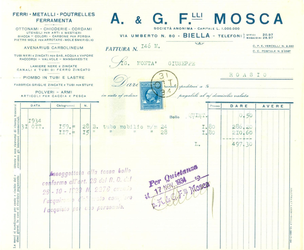 Documento originale, autentico 1934 BIELLA Società A. & G. Fratelli MOSCA Ferri metalli poutrelles Fattura 3 1