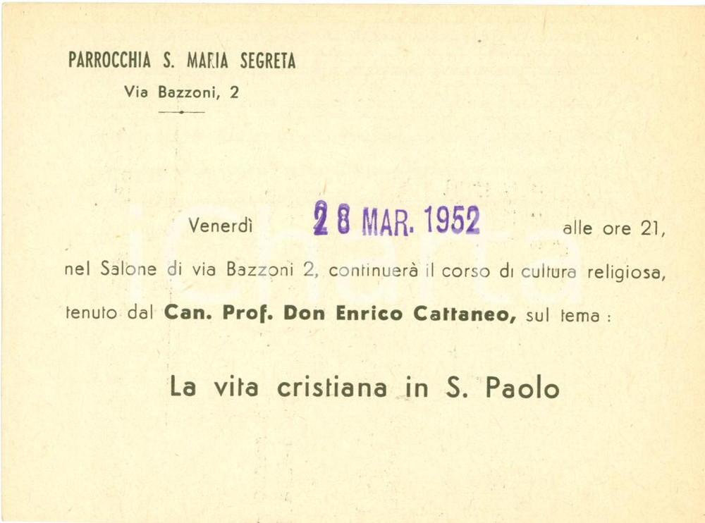 Oggetto da collezione cartaceo 1952 MILANO Conferenza don Enrico CATTANEO Parrocchia S. MARIA SEGRETA Invito 1