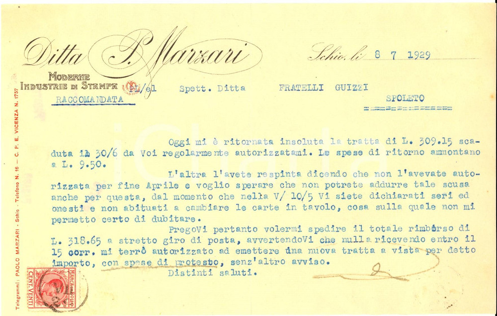 Documento originale, autentico 1929 SCHIO VI Ditta P. MARZARI industrie di stampa Lettera commerciale 1