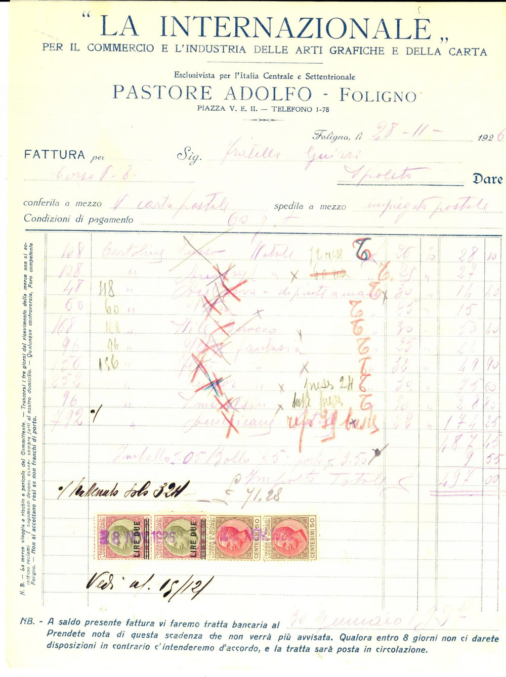 Documento originale, autentico 1926 FOLIGNO Arti Grafiche LA INTERNAZIONALE Concessione PASTORE ADOLFO Fattura 1
