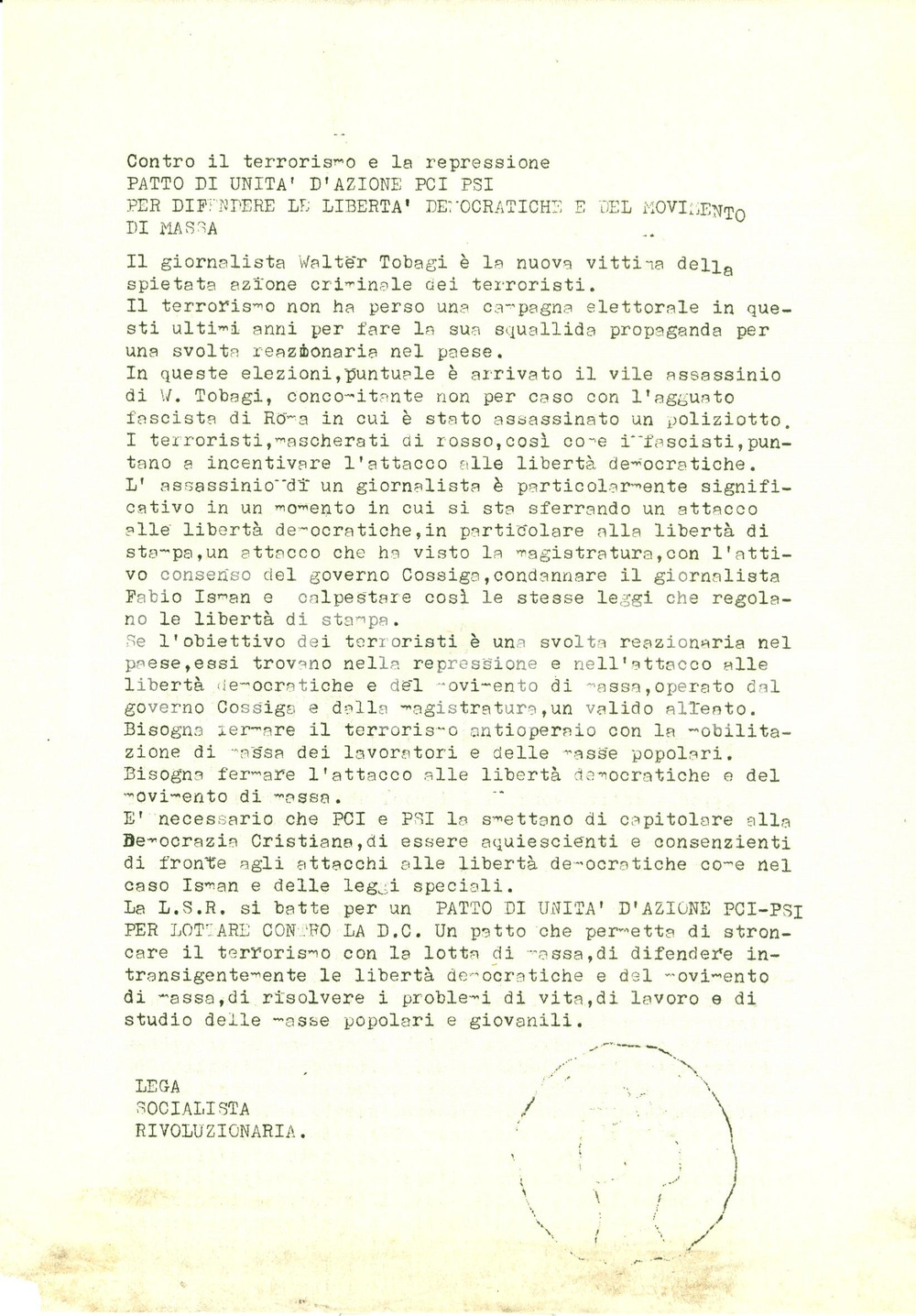 Materiale pubblicitario d’epoca 1980 LEGA SOCIALISTA RIVOLUZIONARIA Uniti vs assassinio Walter TOBAGI Volantino 1