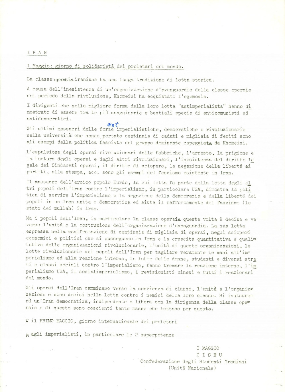 Materiale pubblicitario d’epoca 1980 ca CISNU Confederazione Studenti IRAN Primo Maggio vs Imperialisti 1