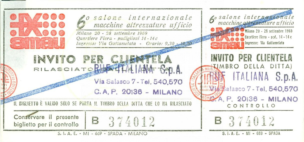 Oggetto da collezione cartaceo 1969 MILANO Invito 6° SMAU Salone Macchine attrezzature ufficio RUF ITALIANA 2 1
