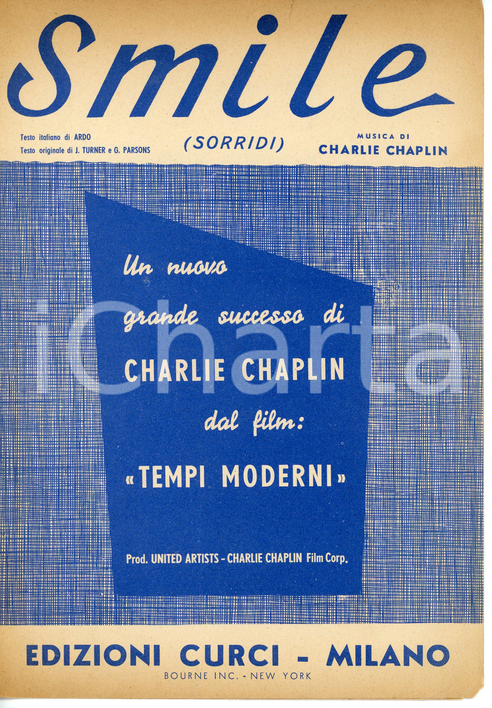 1955 Charlie CHAPLIN "Smile" da TEMPI MODERNI Testo italiano di ARDO Spartito Spartito d'epoca per canto, mandolino o fisarmonica. CONDIZIONI:VERY POOR/gravemente danneggiato Bruniture diffuse, strappi ai margini e lievi mancanze agli angoliFORMATO: 17x24  cm originale e autentica 1