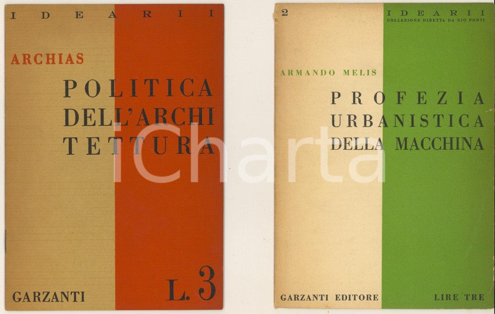 1944 Giò PONTI - IDEARII - ARCHIAS Politica dell'architettura - MELIS *2 voll. Lotto di due rare pubblicazioni, originali d'epoca.Unici due numeri usciti per la collana “Idearii” di Giò Ponti che firma il primo degli opuscoli con lo pseudonimo “Archias”, titolo "Politica dell'Architettura". La collana avrebbe dovuto promuovere le nuove idee architettoniche, sulla scorta dell’assunto che prima di ricostruire le case occorreva ricostruire l’uomo. Il secondo opuscolo, di Armando Melis, si intitola "Profezia urbanistica della macchina".PAGINE: 24 + 16 CONDIZIONI:FAIR/discreto lievi piegature marginali e angolare, con minimi strappiFORMATO: 17x12 cm originale e autentica 1