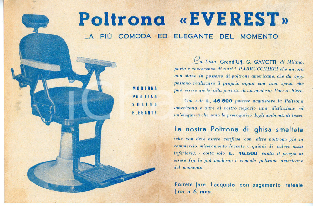 1930 ca MILANO Ditta Grand'Uff. G. GAVOTTI Poltrona per parrucchieri EVEREST Pieghevole illustrato d'epoca.  CONDIZIONI:POOR/danneggiato Estese brunitureFORMATO: 11x15 cm originale e autentica 1