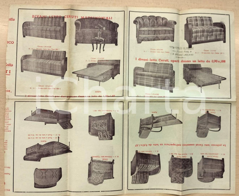 1938 ARREDAMENTO MILANO Ditta Alfredo CERUTI Mobili-letto *Pieghevole ILLUSTRATO Pieghevole pubblicitario, originale d'epoca, illustrato sulle due facciate. CONDIZIONI:FAIR/discreto piegature d'epoca; minima mancanza marginaleFORMATO: 42x35 cm (aperto) originale e autentica 1