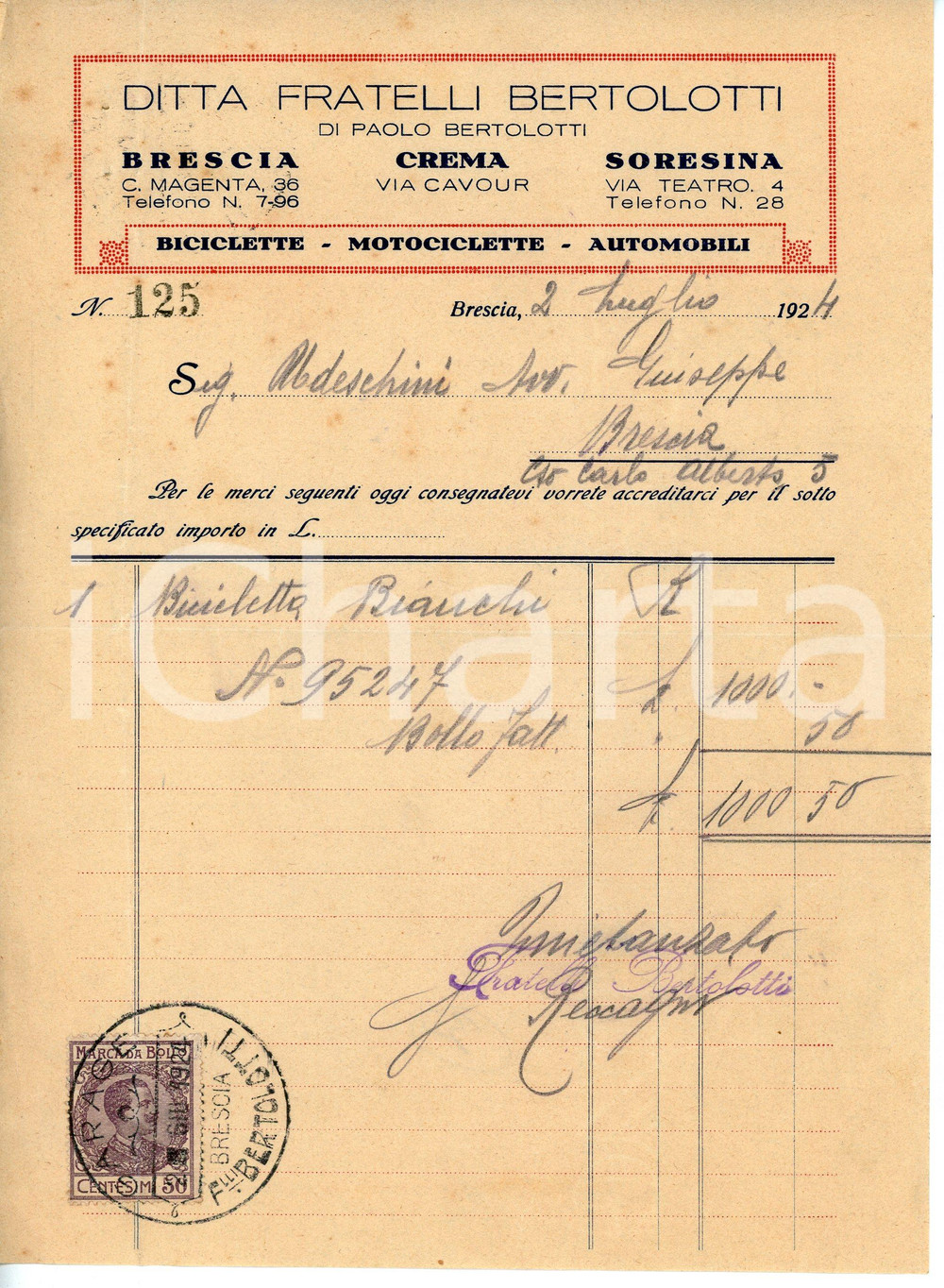 1924 BRESCIA Ditta Fratelli BERTOLOTTI Fattura per bicicletta BIANCHI 16x22 cm Fattura d'epoca.  CONDIZIONI:FAIR/discreto Lievi bruniture, piegature centrali d'epoca.FORMATO: 16x22 cm originale e autentica 1