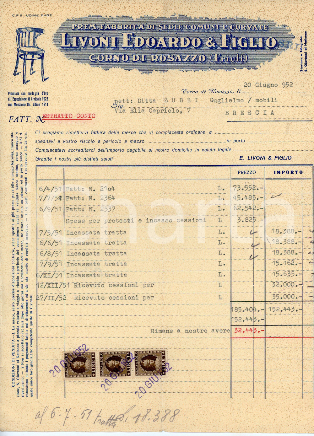 1952 CORNO DI ROSAZZO Fabbrica sedie Edoardo LIVONI Elenco fatture sospese Documento d'epoca.  CONDIZIONI:FAIR/discreto Bruniture diffuse, strappo al margine superioreFORMATO: 22x29 cm originale e autentica 1
