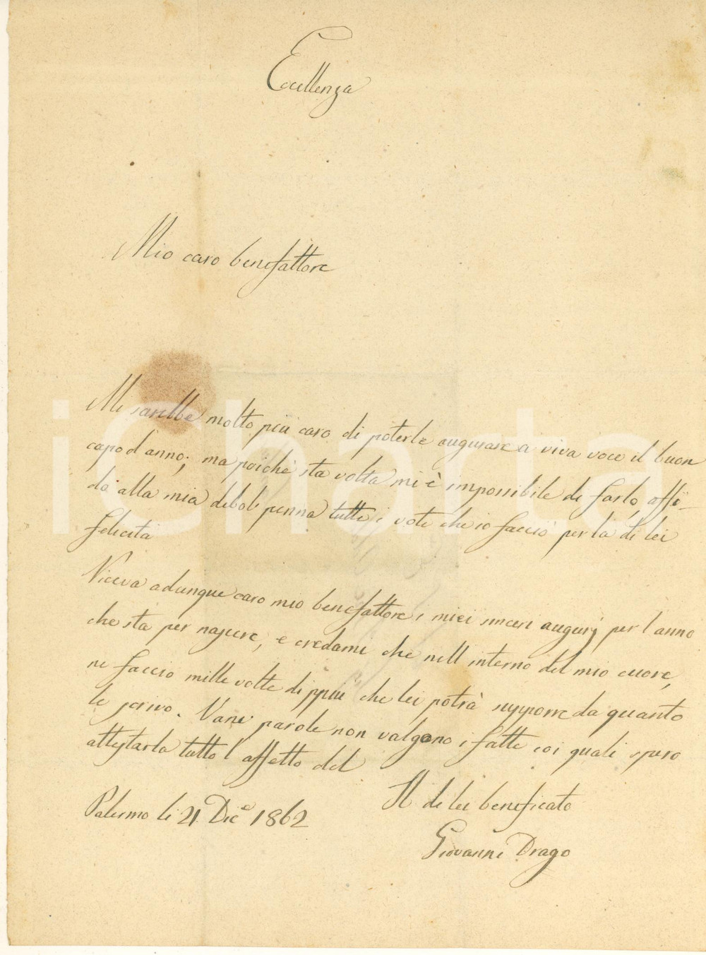 Manoscritto, lettera originale 1862 PALERMO Lettera Giovanni DRAGO  Auguri di Capodanno a un benefattore 1