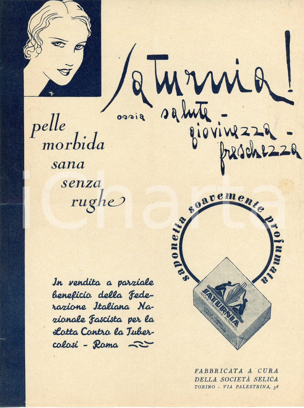 1930 ca TORINO Società SELICA Saponetta SATURNIA Manifesto 21x29 cm Manifesto d'epoca.  CONDIZIONI:POOR/danneggiato Bruniture, piegature centrali d'epoca, gualciture e piccoli strappi ai marginiFORMATO:  21x29 cm originale e autentica 1