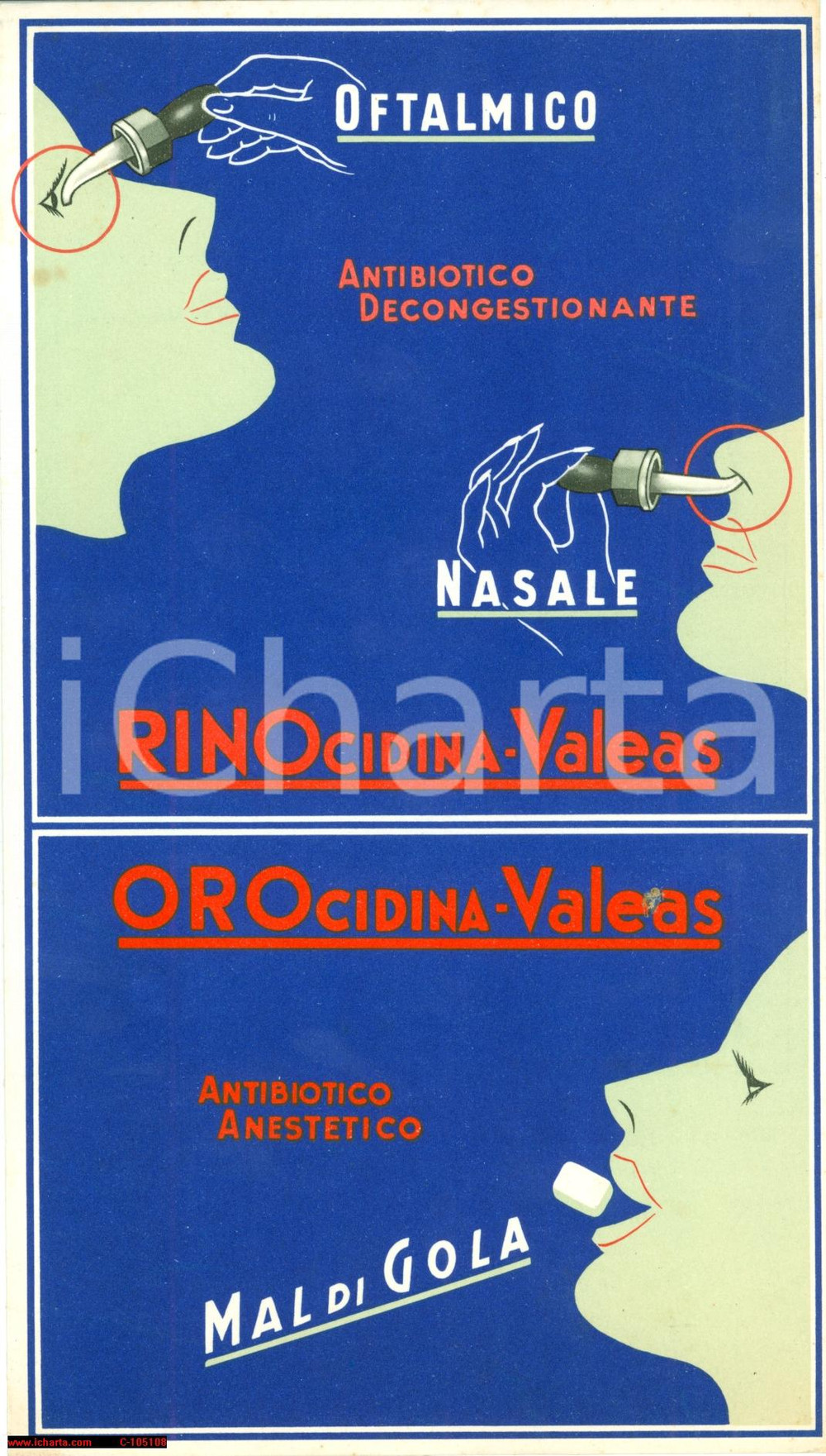 Materiale pubblicitario d’epoca 1955 MILANO Cartoncino Rinocidina e Orocidina VALEAS pubblicitario 1