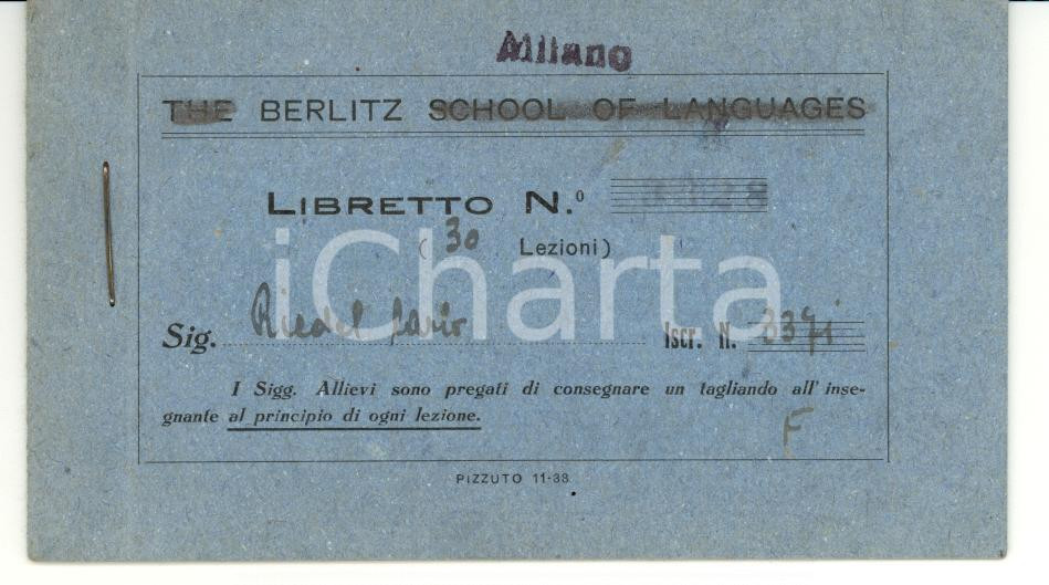 Oggetto da collezione cartaceo 1942 MILANO Buoni lezioni BERLITZ SCHOOL of Languages 2 1