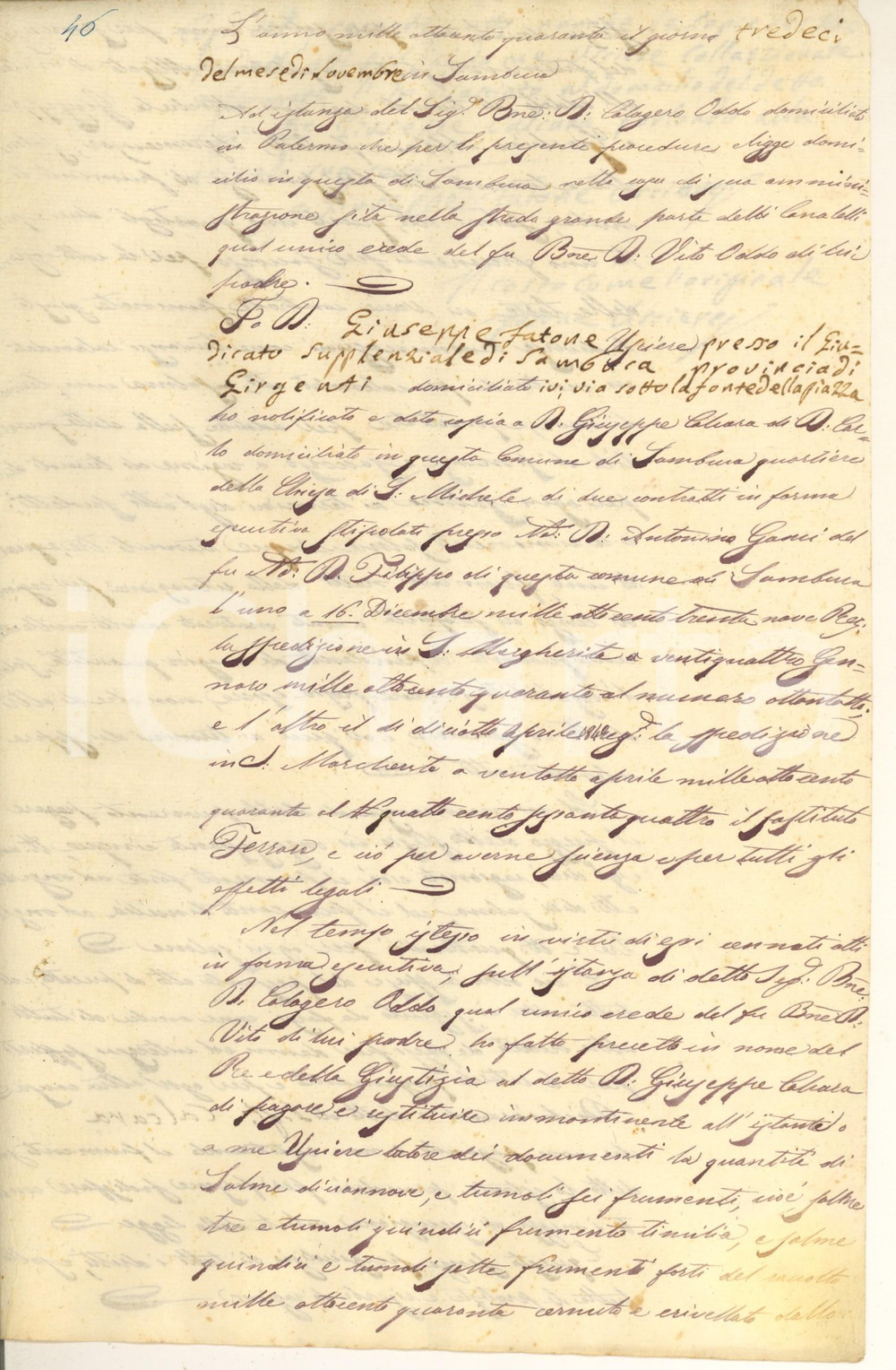 Documento originale, autentico 1840 SAMBUCA Don Giuseppe CALCARA obbligato a pagare o in denaro o  in frumento 1